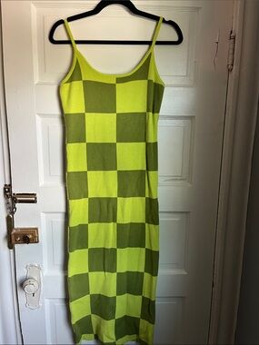 Amazon Checkerboard Slip Midi Dress in Lime Green and Olive